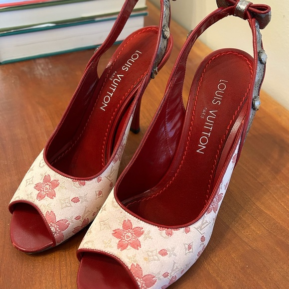 Louis Vuitton Satin Cherry Blossom Peep-Toe Heels - Picture 2 of 6